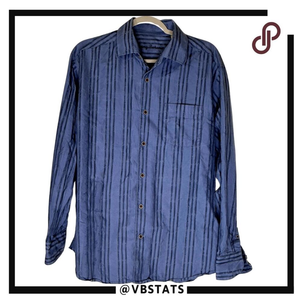 Tommy Bahama Mens Silk Blend Striped Floral Button Down Shirt Gray Medium‎